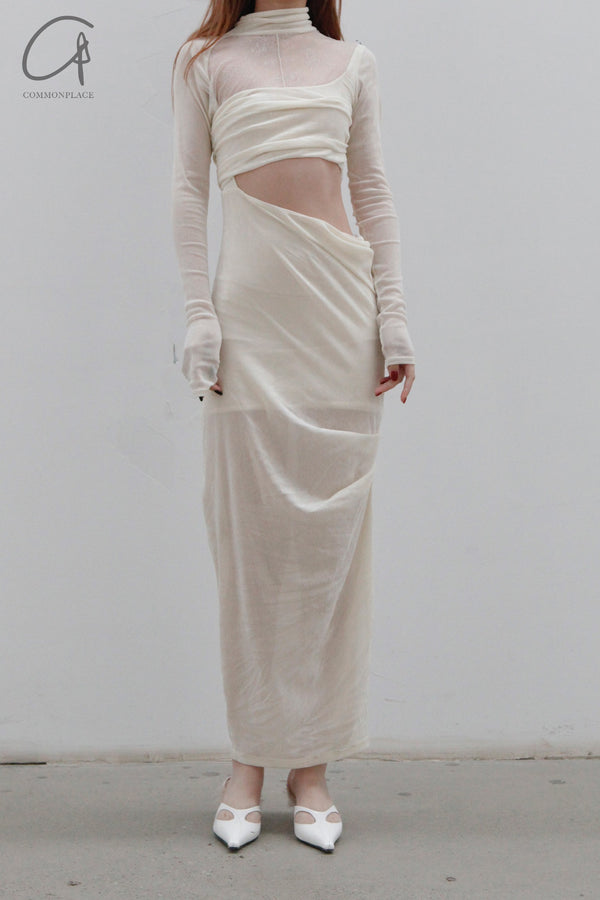 Un Morceau velvet lace stitching waist details dress UM231LS08 white PUM35